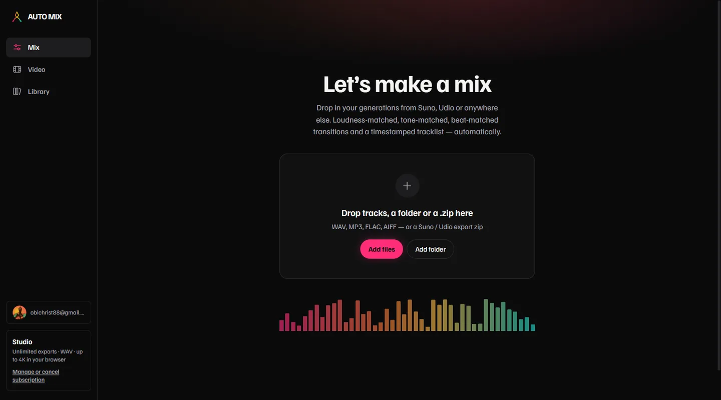 The Mix page: a large drop zone reading “Drop tracks, a folder or a .zip here”, with Add files and Add folder buttons.