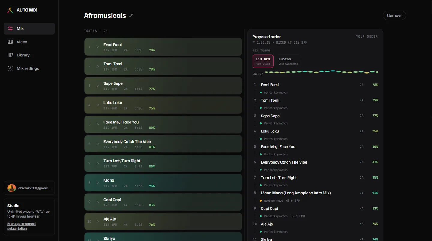 Twenty-one tracks listed with BPM, key and energy, beside a Proposed order panel showing the mix tempo picker and an energy arc.