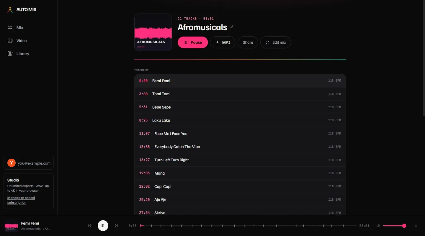 The finished mix page: cover art, 21 tracks · 58:01, playback controls and a timestamped tracklist.