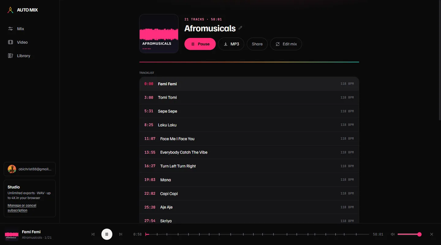 The finished mix page: cover art, 21 tracks · 58:01, playback controls and a timestamped tracklist.
