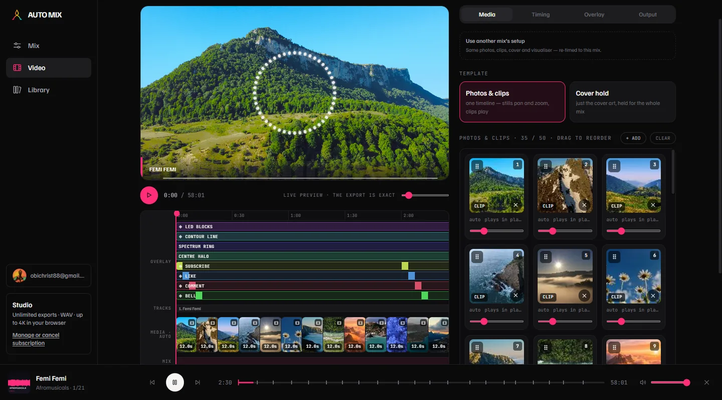 The video studio’s Media tab: a live preview with a spectrum ring, a timeline of thirty-five photos and clips, and a “Use another mix’s setup” option.