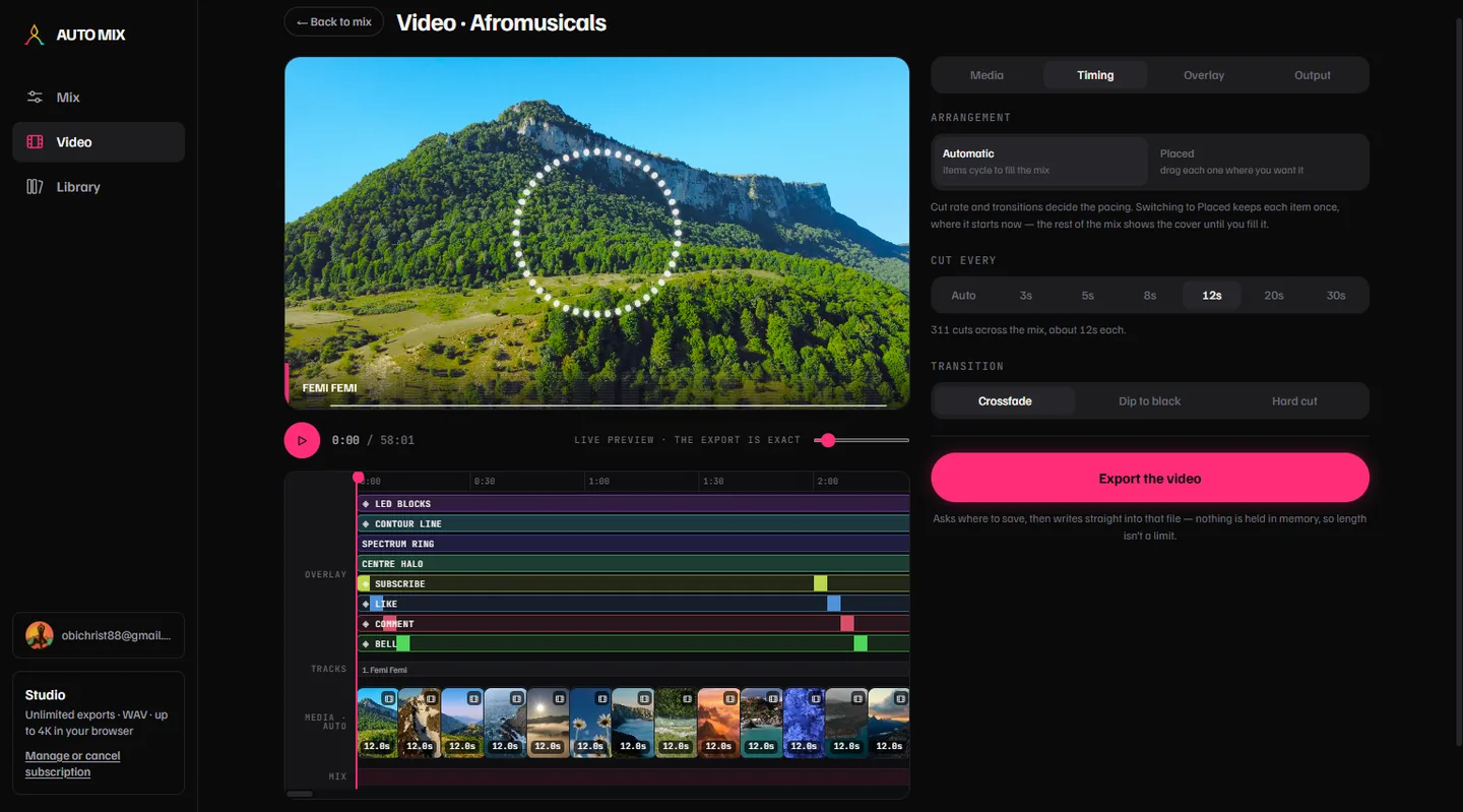 The Timing tab: Automatic or Placed arrangement, a cut-every setting of 12 seconds, and crossfade, dip-to-black or hard-cut transitions.