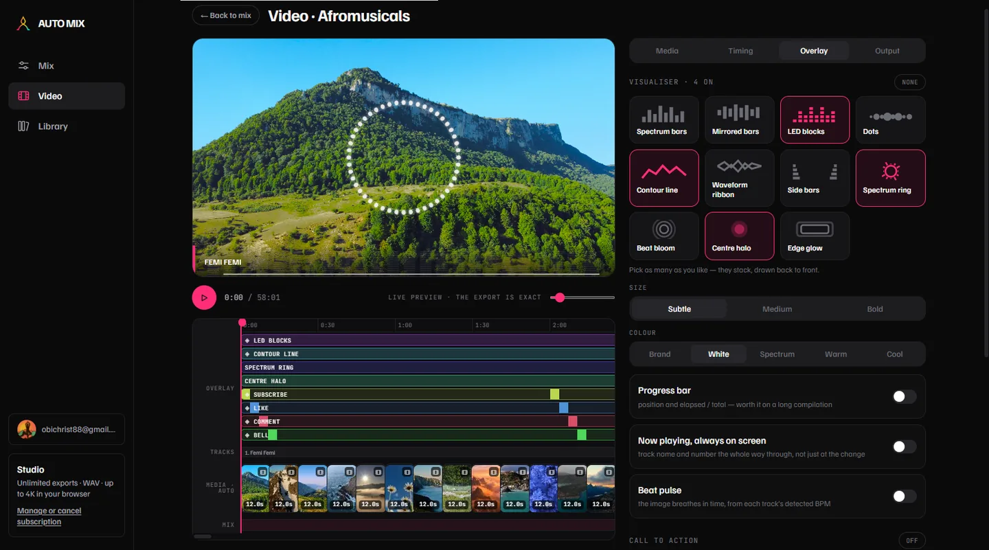 The Overlay tab: a grid of eleven visualiser styles with four selected, plus size, colour and toggles for progress bar, now playing and beat pulse.