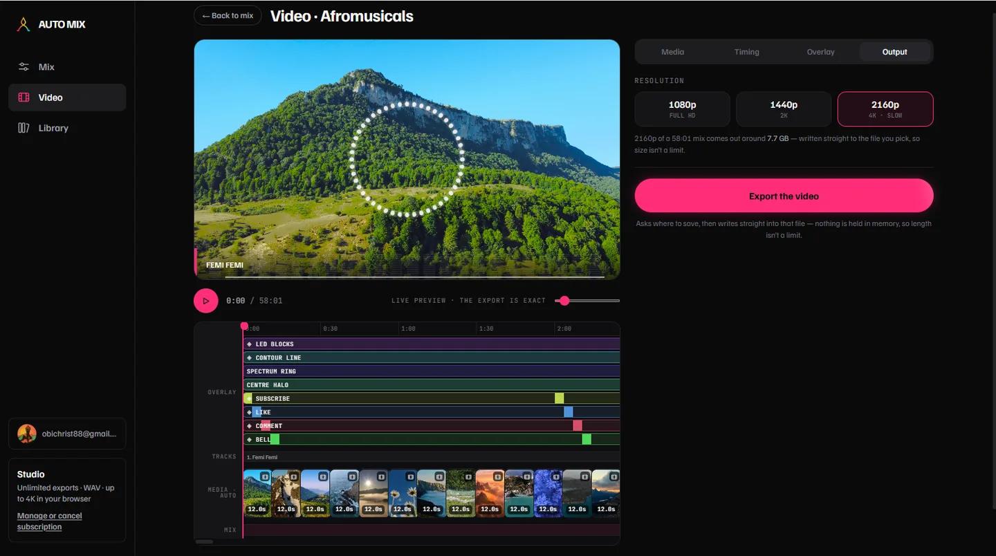 The Output tab: 1080p, 1440p and 2160p resolution options, a note that a 58-minute 4K export is about 7.7 GB, and an Export the video button.